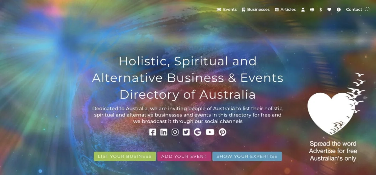 Looking for an innovative way to promote your holistic, spiritual and alternative event? 1 Holistic spiritual alternative business and events directory of Australia